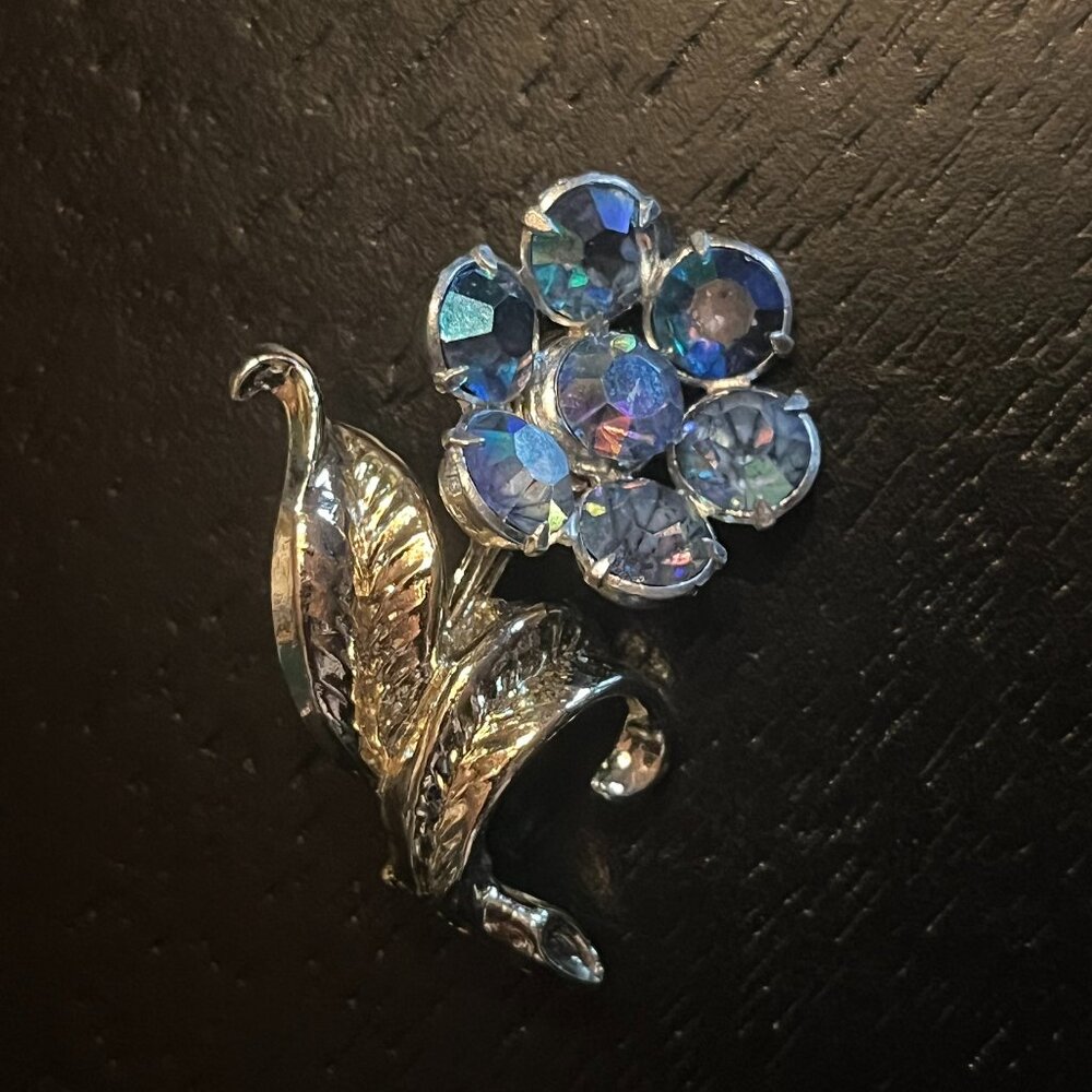 Vintage Flower Brooch with Aurora Borealis AB Blue Stones
